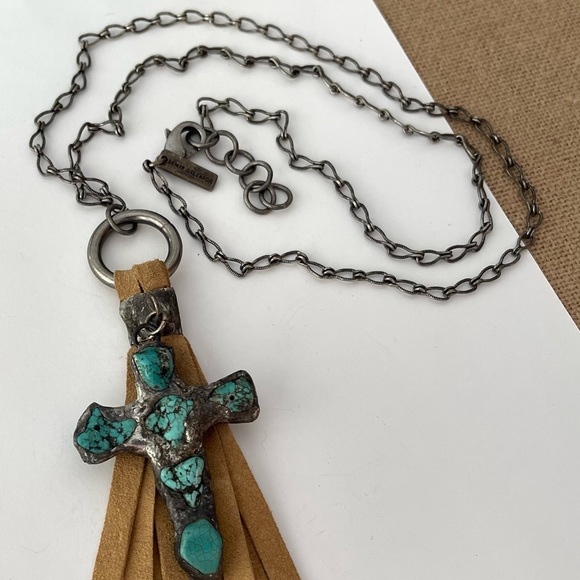 NEW Jamie Dietrich Silver Turquoise Cross Tan Tassel Stainless Steel Necklace - Picture 13 of 14